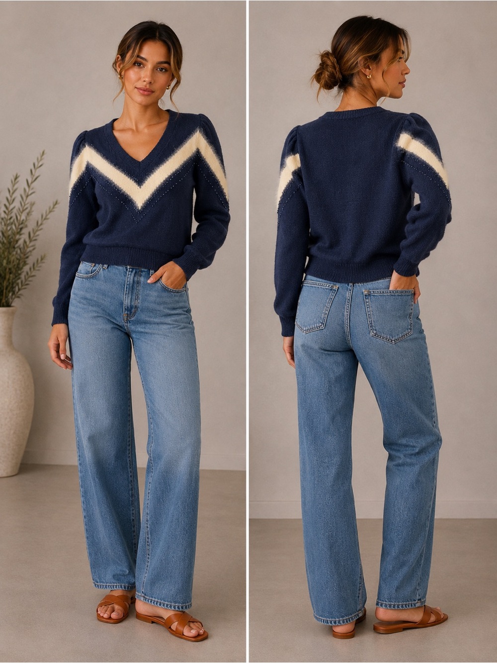Nannell Navy V-Neck Sweater with Cream Chevron Detail